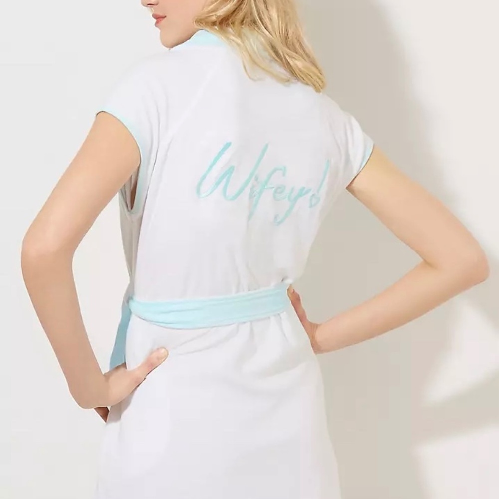 NWT Betsey Johnson Wifey Baby Terry Robe Women's Size M Bridal White Blue Wrap